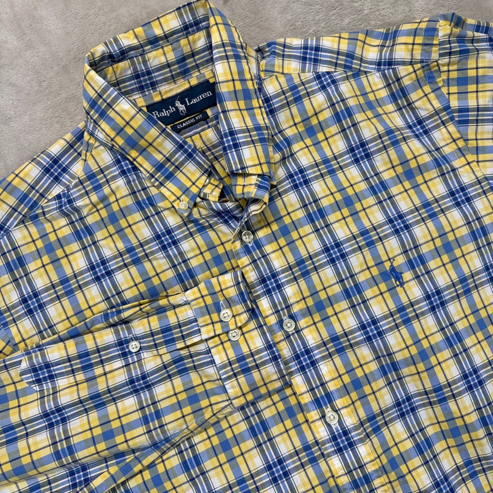 Ralph Lauren Shirt Mens‎ 16.5 34/35 Yellow Classic Fit Plaid Button Down Preppy